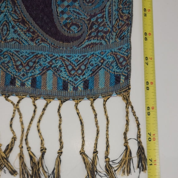 Pashmina Scarf Wrap Cashmere Blend Paisley Blue Purple Brown Knotted Fringe - Picture 4 of 9